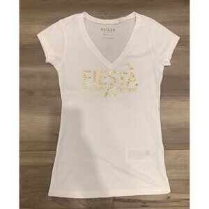 Guess Los Angeles White Embellished Fiesta V-Neck T-Shirt Size XS